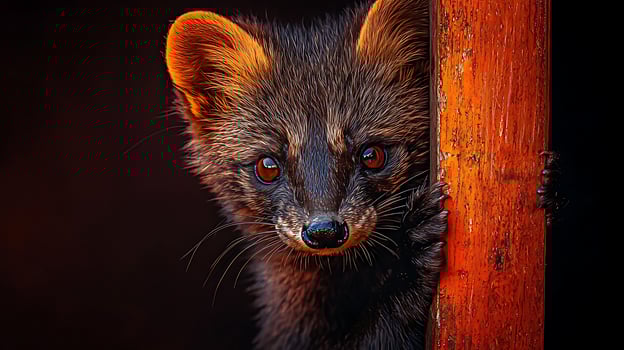 Curious little raccoon peeking from behind a rustic wooden pole. photo