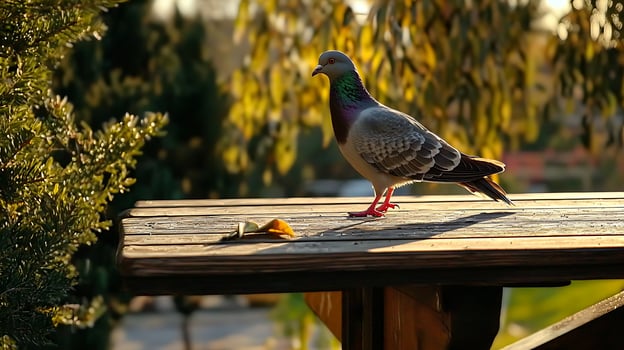 Pigeon resting on a wooden table in warm autumn sunlight. photo