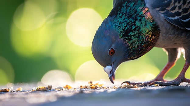 Close up of a pigeon feeding on crumbs in soft green light. photo
