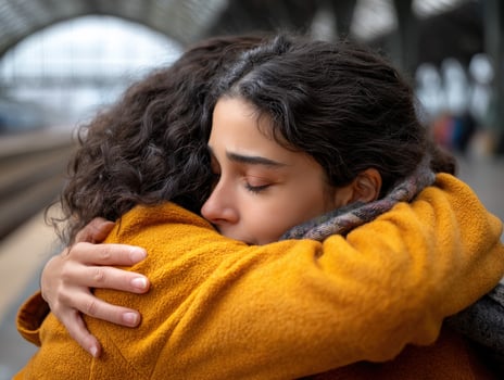 Young woman saying goodbye with an embrace at train station photo