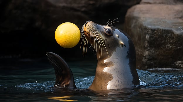 Playful Sea Lion Balances Yellow Ball On Its Nose In Water. photo