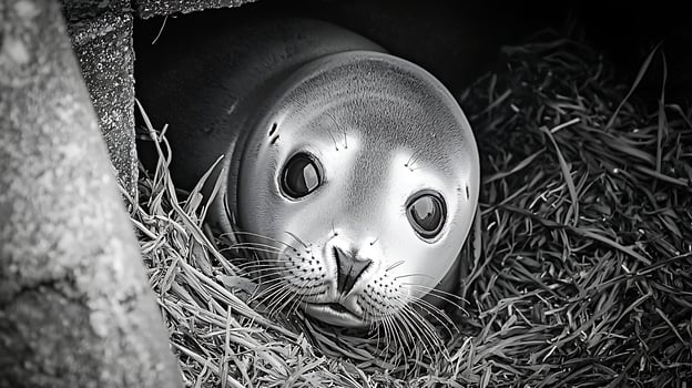 Adorable Baby Seal Peeking Out from Its Nest in Black and White photo