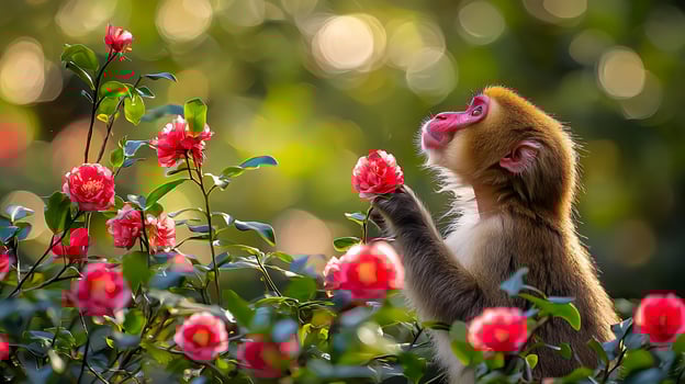 Curious monkey admires a bright red camellia blossom in soft sunlight. photo