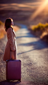 Young woman stands by road with suitcase during sunset photo
