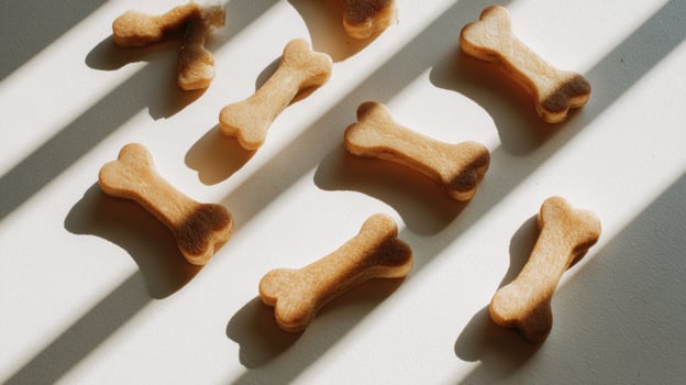 Dog Bone Treats Arranged in Flat Lay on White Surface With Soft Natural Sunlight and Diagonal Shadows Creating a Warm Ambiance photo