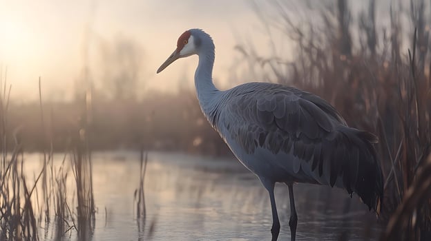 Majestic Sandhill Crane Stands Tall in Golden Morning Light. photo
