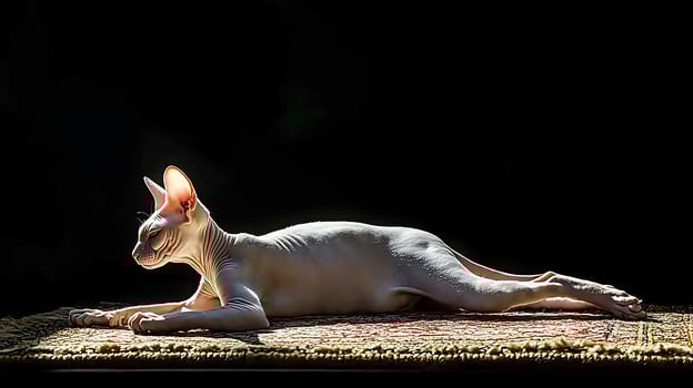 Elegant Sphinx Cat Lounges in Warm Sunlight on Textured Rug. photo