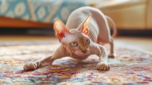 Playful Sphinx Cat Stretching Out on a Colorful Carpet. photo