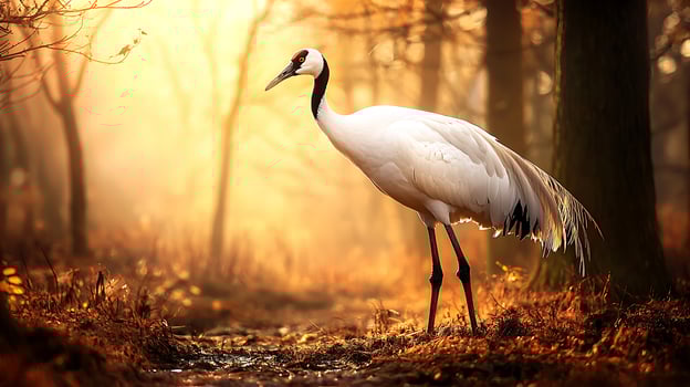 Majestic Red Crowned Crane Stands in Golden Autumn Forest Light. photo