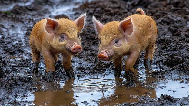 Two Cute Piglets Happily Playing in a Mud Puddle Together. photo