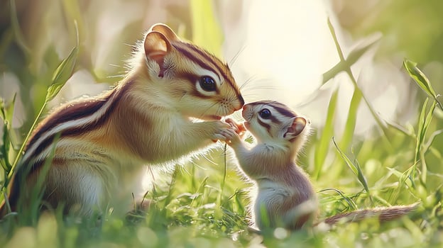 A Gentle Moment Between Two Adorable Chipmunks in Soft Sunlight. photo