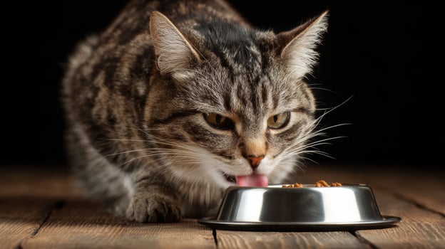 Cat Licking Paw Beside Partially Eaten Food Bowl in a Cozy Indoor Setting at Morning photo
