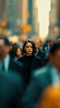 Woman walking in busy financial district of New York City photo