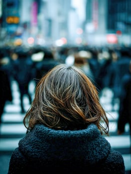 Woman facing crowd in New York City pedestrian crossing photo