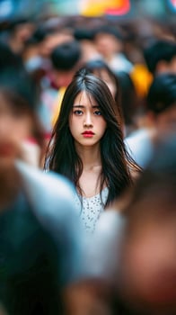 Attractive woman in crowded Shanghai street looks forward photo