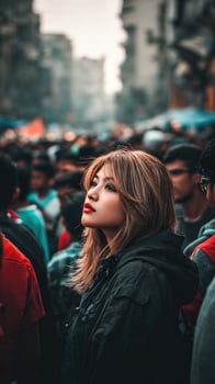 Woman looking up in a crowd of people in Kathmandu, Nepal photo