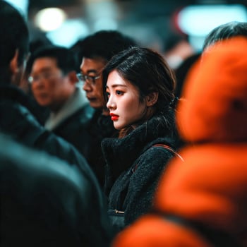 Young woman among a crowd of people on a city street at night photo