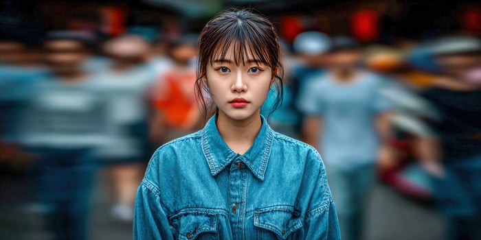 Young Woman wearing denim jacket in busy urban street photo