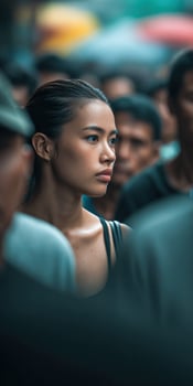 Woman in a crowded street in South East Asia looks ahead photo