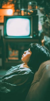 Girl watches vintage television at home at night photo