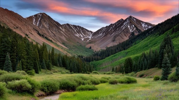 Mountain Valley at Sunset in Colorado with Aspens and evergreens photo