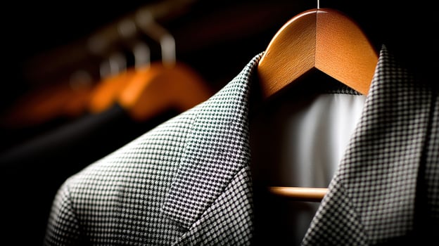 Coat with checkered pattern hangs in a dark wardrobe photo