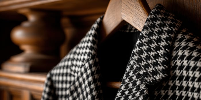 Houndstooth jacket hanging in closet on wooden hanger photo
