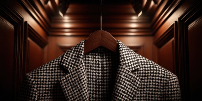 Houndstooth jacket hanging in a dark, wooden closet at night photo
