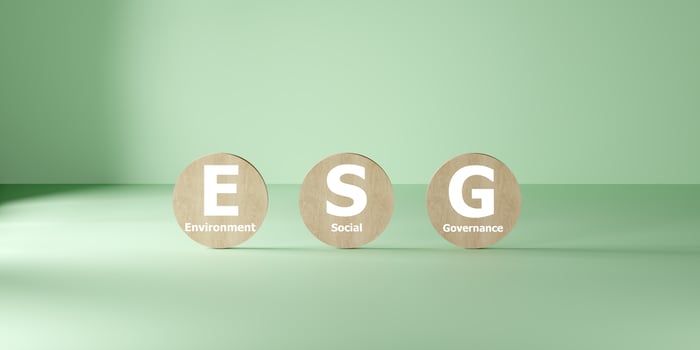 3D render of three round wooden blocks spelling ESG, representing sustainable business, corporate responsibility, environmental awareness, ethical investment, governance on soft green background. photo
