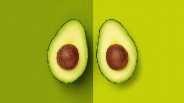 Mirrored Avocado Halves on a Vibrant Green Background Showcasing Organic Symmetry and Fresh Design Elements photo