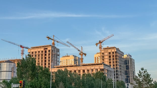 Cranes dance above urban trees in enchanting construction symphony, echoing skylines and futuristic visions, Labor Day nodding quietly photo