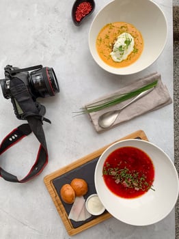 Culinary tableau with Eastern European borscht, rustic rye rolls, and fleeting flavors of Harvest Moon, photographic nostalgia in frame photo