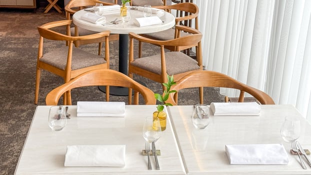 Sunlit bistro elegance, minimalist Nordic dining, poised for Hygge brunch, serene escapism in gastronomic solitude, International Tableware Week photo