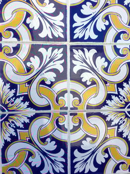 Ornate azure and gold tiles, evoking sun drenched Spanish fiestas, tactile architectural beauty, perfect for Dia de la Hispanidad photo