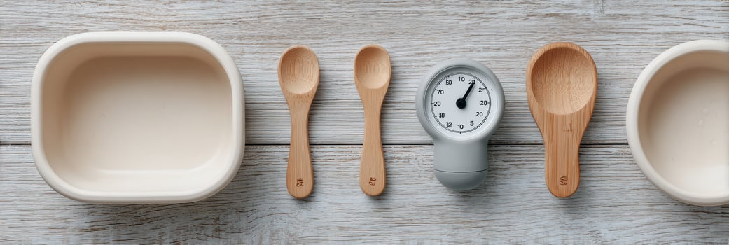 Flat Lay of Feeding Tools Includes Scoop, Timer, and Bowl Arranged on Clean Wooden Background Showcasing Organization and Meal Prep Essentials photo