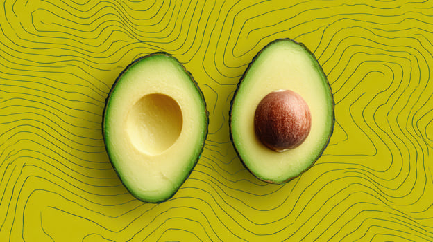 Avocado Halves Displayed on a Clean, Abstract Background With a Minimal Overlay, Perfect for Healthy Food Themes photo