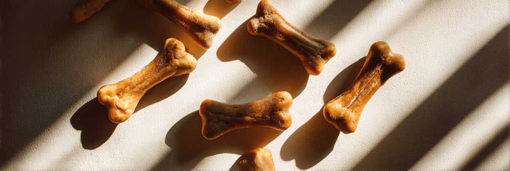 Dog Bone Treats Arranged in Natural Sunlight Creating Diagonal Shadows on a Light Surface photo