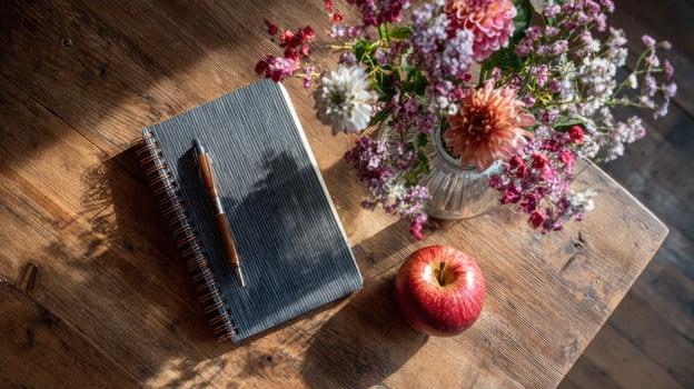 Teachers Desk Features a Notebook, Pen, Apple, and Flowers in Warm Sunlight Creating a Cozy Study Atmosphere photo