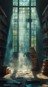Dusty Sunlight Filters Through Windows of an Old Library Filled With Books at Midday photo