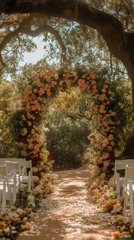 Beautiful Floral Arch at a Serene Outdoor Wedding Ceremony in Nature During Golden Hour. photo