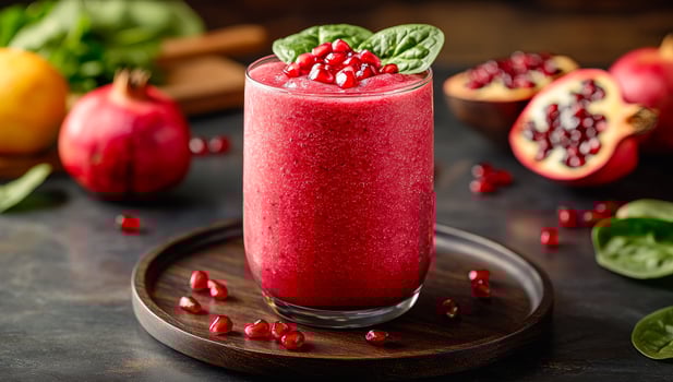 Pomegranate spinach smoothie. Smoothie made with pomegranate and spinach placed on a wooden board with fresh ingredients around it. photo