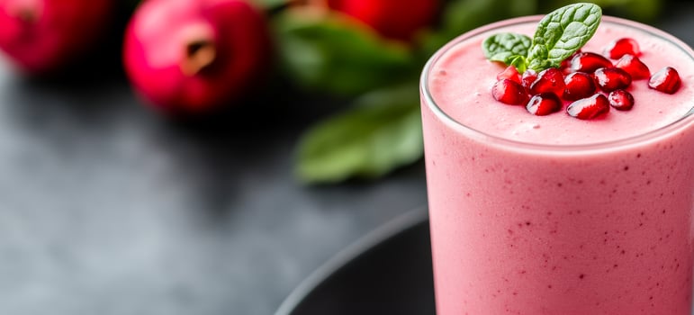 Pomegranate mint smoothie. A delicious smoothie topped with pomegranate seeds and mint leaves, surrounded by fresh fruits and greenery. photo