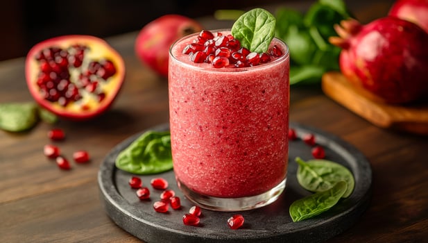Pomegranate spinach smoothie. A vibrant smoothie made from pomegranate and spinach garnished with fresh seeds, perfect for a healthy snack. photo