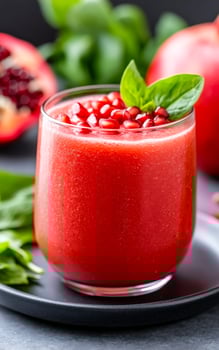 Pomegranate smoothie garnish. Bright red smoothie with pomegranate seeds and fresh basil, showcasing its vibrant color and fresh ingredients. photo