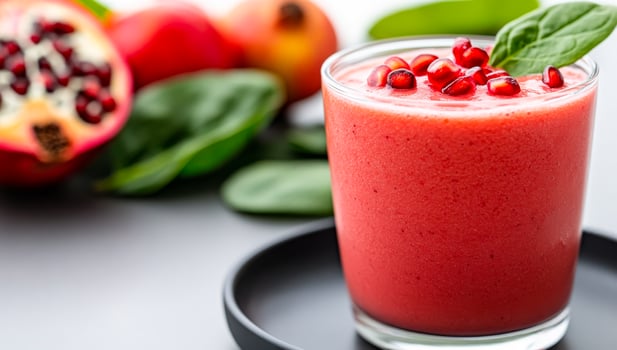 Pomegranate green smoothie. A vibrant smoothie blends pomegranate and greens, garnished with seeds and set against fresh fruits and leaves. photo