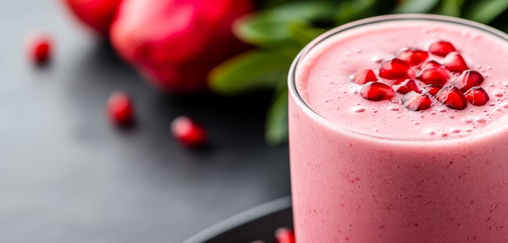 Pomegranate smoothie recipe. A vibrant pomegranate smoothie is presented in a glass, garnished with juicy seeds on top, perfect for a healthy snack. photo