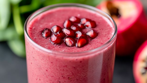 Fruit smoothie with pomegranate. A refreshing berry pomegranate smoothie topped with fresh seeds, perfect for a healthy snack photo