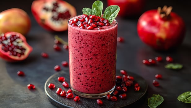 Pomegranate spinach smoothie. A vibrant pomegranate smoothie garnished with spinach, set on a dark surface with pomegranate seeds. photo
