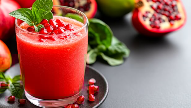 Fruit smoothie, pomegranate and spin. Colorful smoothie made with pomegranate seeds and spinach, surrounded by fresh fruits on a dark surface. photo