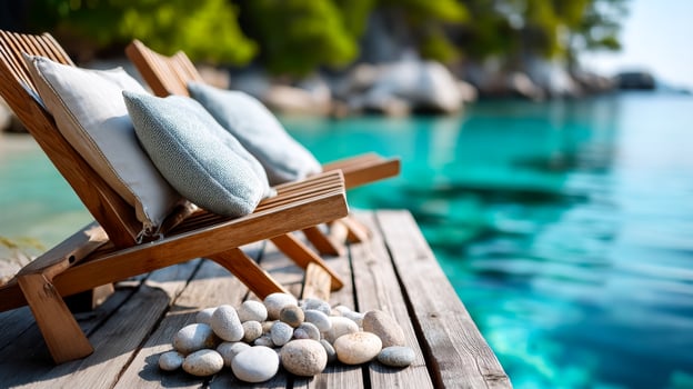 Relaxing by the tranquil blue waters. Wooden loungers with pillows are positioned on a deck near serene turquoise waters, surrounded by nature. photo
